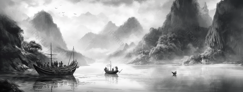 山水河流复古风意境自然景观中式风水墨画,插画/手绘图,插画/手绘图库,插画/手绘图下载,插画/手绘